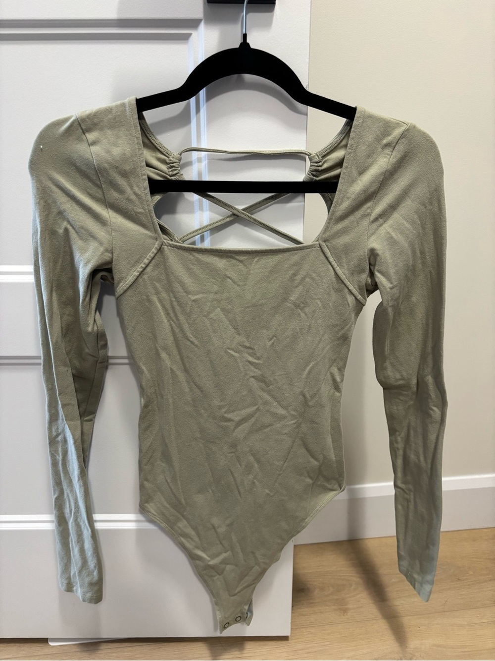 American Eagle Outfitters Sage Green Long-Sleeve Bodysuit with Crisscross Back